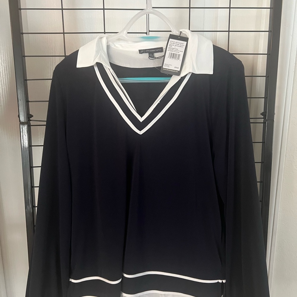 Adrianna Papell Navy and White Layered V-Neck Blouse - Picture 2 of 6